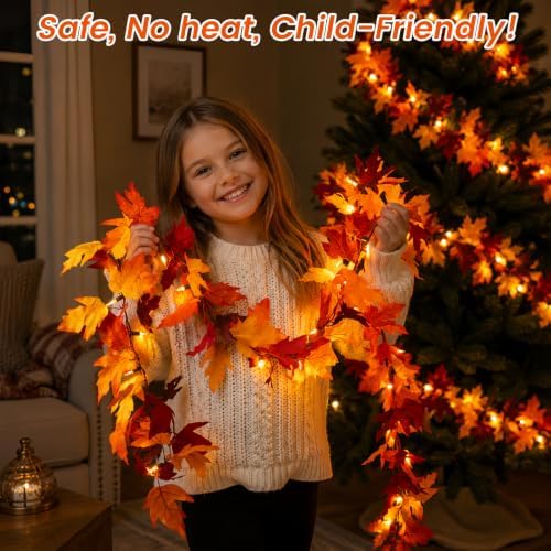 2Pack 9Ft 50 LED Maple Leaf Garland Battery Operated with Timer,8 Modes Waterproof Fall Decorations for Home Fall Garland with Lights for Fall Thanksgiving Table Harvest Home Indoor Decorations - Image 5