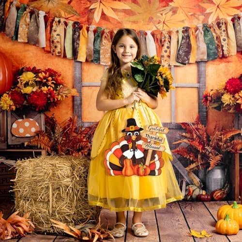 Thanksgiving Decoration Wooden Turkey Pumpkin Door Wreath for Front Door Sign Wall Signs, Thankful Blessed Grateful Pumpkin Sign Hanging for Fall Autumn Harvest Home Halloween Decoration - Image 3