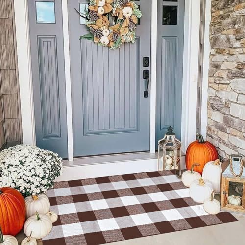 Buffalo Plaid Rug 28 x 43 Inches Fall Outdoor Front Door Decor Mat, Cotton Washable Hand-Woven Rug for Layered Doormat, Autumn Halloween Thanksgiving Carpet for Porch (Brown and White Plaid) by Giaueoa