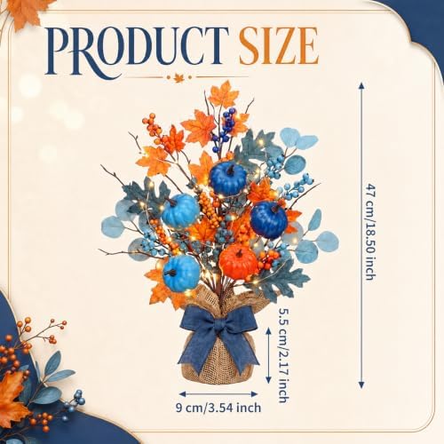 Yinder 2 Pack Lighted Fall Tree 18" Blue Orange Fall Thanksgiving Decor with LED Lights Battery Operated Artificial Eucalyptus Pumpkins Autumn Centerpiece for Harvest Halloween Fireplace Home Decor - Image 2