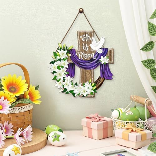 Harooni Easter Door Sign for Front Door He Is Risen Easter Cross Wood Wreaths Hanger Religious Cross Lily Flowers Outdoor Porch Decor Spring Flowers Wooden Wreath Wall Hanging Decoration 10.9"x10.9" - Image 4