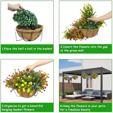 Artificial Hanging Plants Flowers with Basket for Spring Summer Outdoor Decoration, Yellow Purple Pink Red - Image 5