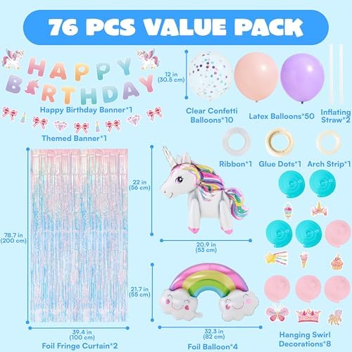 JOYIN Unicorn Magical Rainbow Birthday Party Decorations, 76PCS Unicorn Party Supplies with Banner, Foil & Latex Balloons, Spiral Swirls and Tinsel Curtains for Baby, Boys, Girls, Men & Women - Image 2