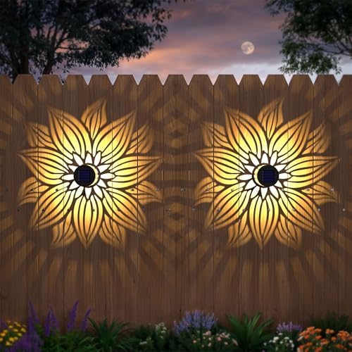 Hapjoy Solar Fence Lights 2 Pack Outdoor Deck Step Wall Lights Metal Waterproof LED Warm Yellow Light for Garden Post Patio Backyard Yard Decor (Flower, 2) by Hapjoy