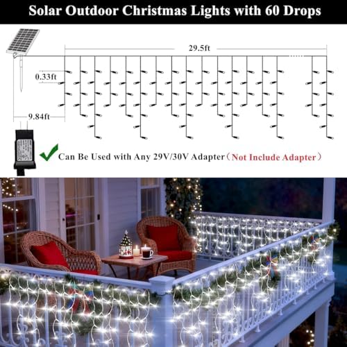 320LED Solar Christmas Lights Outdoor Waterproof Christmas Decorations Lights 29.5ft 60 Drops,8 Modes Solar Powered Rechargeable Fairy Lights for Party, Holiday,Wedding Decorations (Cool White) - Image 5