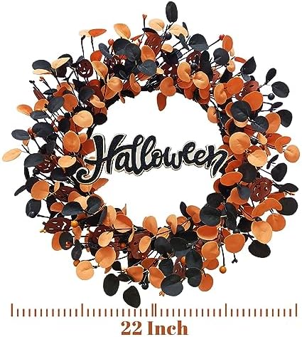 TOKCARE Halloween Wreath for Front Door with Pumpkins Berries and Wood Sign - Image 2