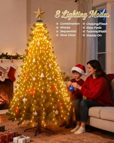 Christmas Tree Lights, 400 LED Cascading Twinkle Waterfall Lights with 8 Light Modes & Memory Function, 6.6FT x 16 Lines Outdoor Xmas Light for Christmas Tree Toppers Decoration - Warm White - Image 5