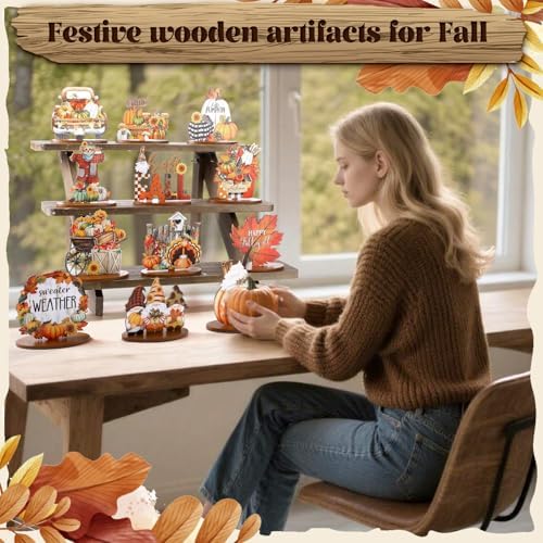 Leinuosen 12 Pcs Fall Table Decorations Thanksgiving Tiered Tray Decor Thanksgiving Centerpieces for Dinner Tables Autumn Gnome Maple Turkey Wooden Sign Fall Decor for Home Kitchen Shelf Farmhouse - Image 5