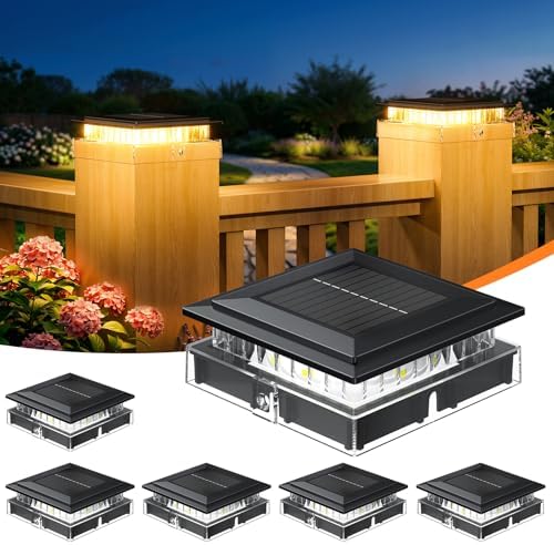 4x4 Solar Post Cap Lights Outdoor, 6 Pack Fence Post Solar Lights with Warm Light Mode, Waterproof Fence Deck Post Lights Solar Powered Fits 4x4 3.5x3.5 Vinyl Wooden Posts for Patio Porch by ENSLI