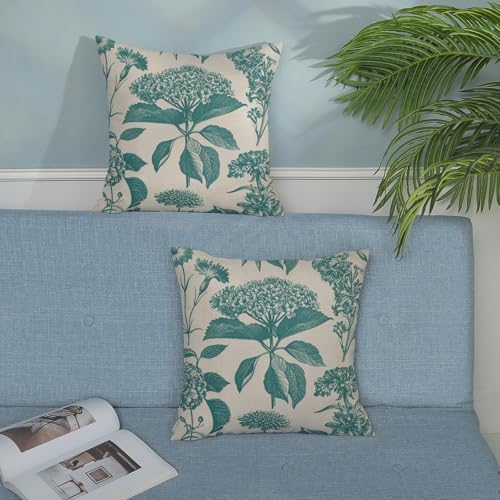 Aqua Teal Pillow Covers 18x18 Inch 2 Pcs Boho Vintage Floral Decor Throw Pillows Hydrangea Flower Summer Outdoor Farmhouse Neutral Accent Decoration Pillowcase Linen Cushion Cover for Sofa - Image 3
