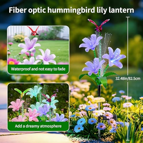 Solar Lights Outdoor 3 Pack, Fiber Optic Lily & Hummingbird Solar Stake Lights, Waterproof Auto On/Off Solar Garden Lights for Patio Deck Lawn Pathway Mother’s Day Holiday Décor - Image 4