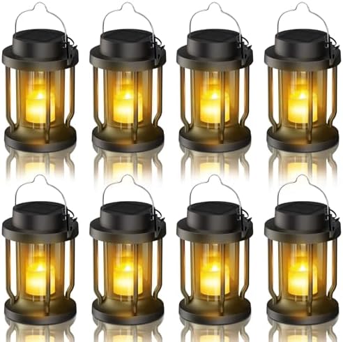 Solar Lantern Outdoor & Indoor Use – Hanging Solar Lights with Realistic Flickering Flameless Candle, Weatherproof for Gardens, Patios, Trees, and Lawns (Black, 8 Pack) by Unknown