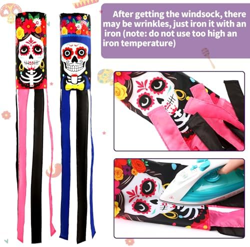 NOVWANG 2 Pcs Day of The Dead Windsocks, Dia de Los Muertos Wind Socks Day of The Dead Hanging Windsock Flag Decoration for Garden Yard Porch Backyard Patio Decor - Image 3