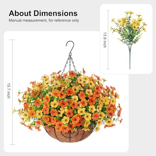 HyeFlora Artificial Fake Hanging Mums Plants Flowers Basket for Fall Autumn Outdoor Decor, Faux Silk Orange Dasiy Flower Look Real UV Resistant for Outside Porch Home Patio Garden Decoration - Image 4