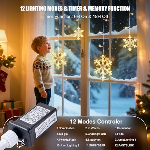 2 Pack 13 Ft 192 LED Snowflake Christmas Icicle Lights with 16 Drops, 8 Modes and Timer, IP65 Waterproof Connectable for Indoor Outdoor House Window, Warm White - Image 2