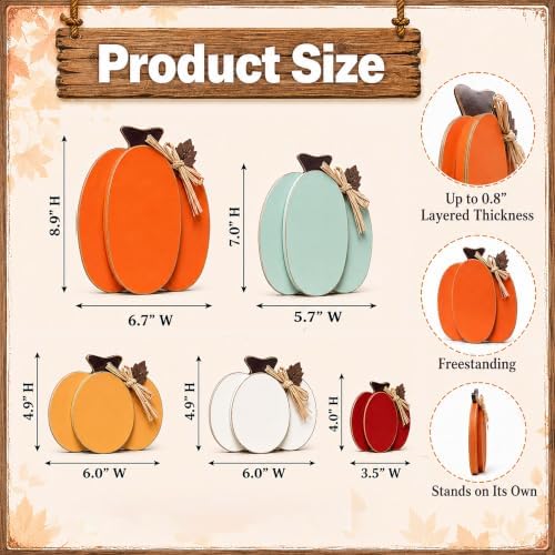 Wooden Pumpkin Fall Decor, 5-Piece Indoor Fall Decorations for Home, Rustic Harvest Autumn Thanksgiving Pumpkin Signs with Wooden Leaves for Tiered Tray, Table, Entryway, Mantel, Shelf, Office Desk - Image 3