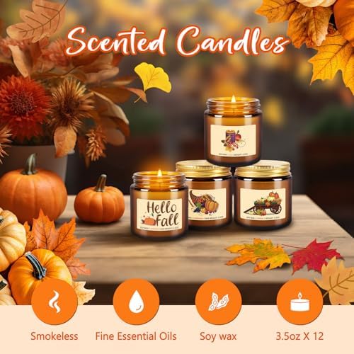 Autumn Harvest Scented Candles Gift Set – 12 Pack Fall Soy Wax Candles with Essential Oils, 3.5oz Amber Jar Candles for Home Decor, Thanksgiving & Halloween Gifts - Image 4