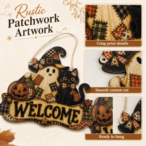 Halloween Welcome Door Sign with Ghost, Black Cat & Pumpkin, Rustic Wooden Front Door Hanging Sign, Fall Halloween Porch Decor for Home, Farmhouse Wall Decoration, Cute Witch Ghost Door Hanger - Image 7