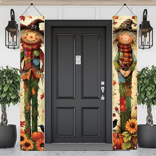 2PCS Fall Scarecrow Porch Banner Autumn Pumpkin Sunflower Hanging Banner Decorations 71 x 12 Inch Outdoor Front Door Sign Harvest Decor for Thanksgiving Yard Entrance Wall Display - Image 3