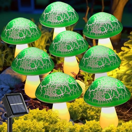 Solar Mushroom Lights Garden Decor 8 Green Crack Mushrooms Outdoor Decor Stake Lights Waterproof Solar Pathway Light Gardening Gifts for St Patrick's Day Easter Gnomes Yard Halloween Xmas Decorations by Viewpick