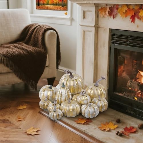 winemana 12 Pcs Pumpkin Fall Decorations, Golden Artificial Pumpkins - Image 4