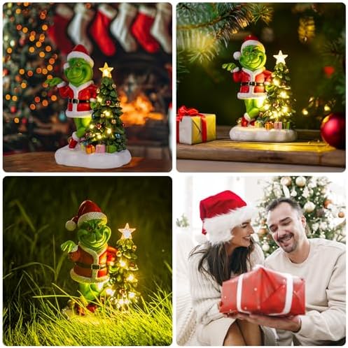 YDKOJGW Green Monster Solar Garden Statue with Christmas Tree and 6 LED Lights - Outdoor Figurine - Glossy Resin - Waterproof - Spot Clean - Christmas Decor - Image 3