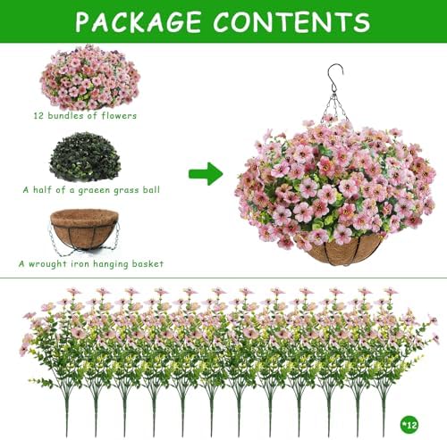 Artificial Hanging Flower Plants with Pot Planter, 12 Bundles Fake Flowers Uv Resistant Artificial Outdoor Flowers for Spring Summer Yard Porch Patio Garden and Home Decoration - Pink - Image 2