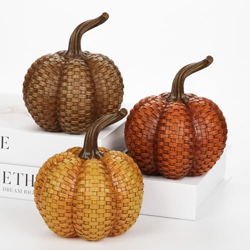 Hollyone Fall Pumpkins Decor, 3PCS Rattan Resin Pumpkins for Decorating Figurines Decorative Pumpkin for Home Autumn Harvest Thanksgiving Halloween Party Wedding Table Centerpiece Indoor Decor - Image 7