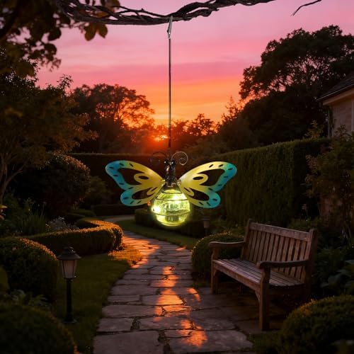 2 Pack Butterfly Outdoor Decor with Bouncy Springs Pendant Lights Birthday Gifts for Women Mom Grandma,Hanging Solar Lights Outside Waterproof Metal Solar Garden Decoration for Porch,Yard,Patio - Image 3