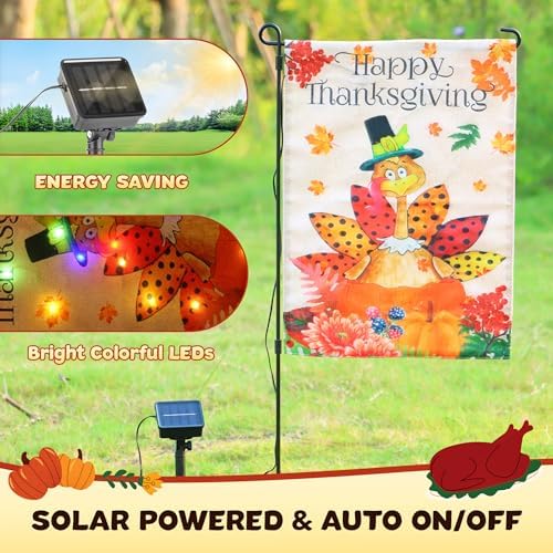 Lighted Thanksgiving Turkey Garden Flag 12 x 18 Inch Double Sided Outside,Solar Light Up Happy Thanksgiving Decorative Yard Flag Holiday Outdoor Decoration - Image 2