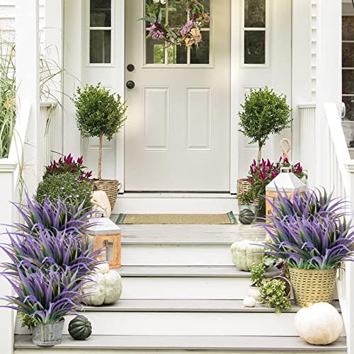 16Pcs Artificial Grass Fake Plants 17.3in Outdoor Plants UV Resistant Faux Greenery Stems Fake Grass for Home Window Garden Office Patio Pathway Front Porch Halloween Décor Green & Purple - Image 3