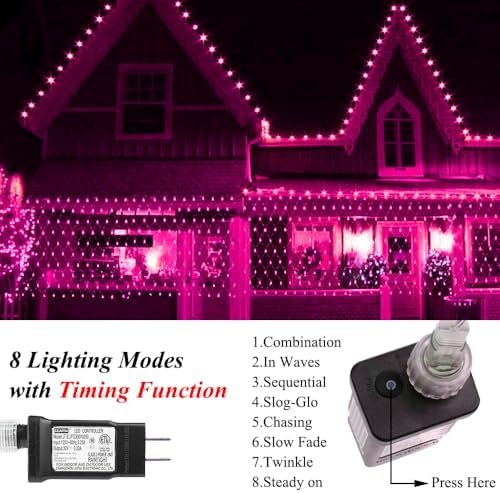 Net Light Outdoor Mesh Christmas Decorations, 100LED String Light Plug in Connectable Tree Warp Hanging 5ft x 5ft for Halloween, Shrubs, Lawn, Backyard, Walkway, Bushes, Garden Decor-Pink - Image 3