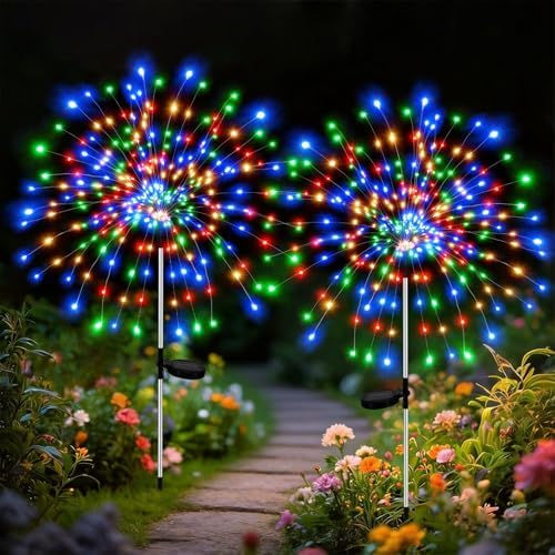 2 Pack 300LEDs Solar Garden Lights Outdoor, 8 Modes Firework Lights Outside by ELOUYCKE