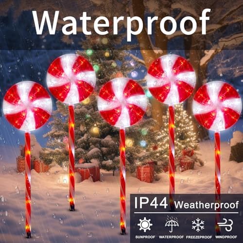 BRIGHTDECK Lollipop Solar Christmas Pathway Lights Outdoor, 5 Pack LED Christmas Decor with 8 Lighting Modes, Light Up Solar Stake Lights for Holiday, Xmas, Walkway, Sidewalk (Red, 5Pack) - Image 5
