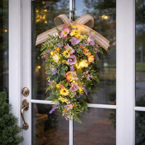 Eksen Spring Teardrop Swag for Front Door with LED Lights, Colorful Floral Swag Artificial Wildflower Greenery Door Decor with Burlap Bow, Farmhouse Spring Hanging Decoration for Porch Wall Window - Image 6