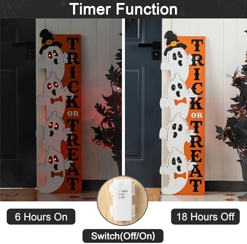 Glitzhome 42" H Lighted Halloween Wooden Stacked Ghost with Trick or Treat Porch Sign w/Timer 6h On/18h Off - Hang on Wall or Lean Against, Solid Wood Yard Sign for Indoor & Entryway Decor - Image 6