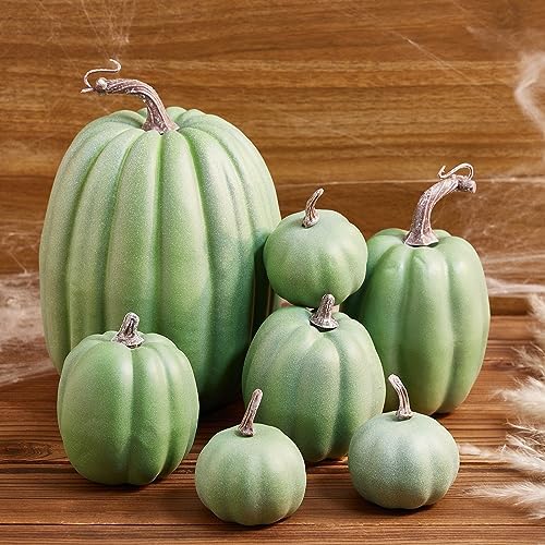 Lizxun 7Pcs Artificial Pumpkins Halloween Decoration, Lifelike Simulation Mixed Harvest Fall Foam Pumpkins for Halloween Thanksgiving Home Party Supplies (Dark Green 01-7pcs) - Image 3