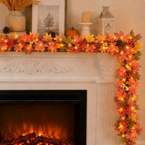 Fall Garland with Lights, 6FT 25LED Lighted Fall Garland Fall Decorations by QIHANSProducts