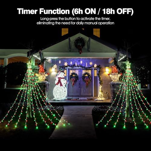 BlcTec Outdoor Christmas Decorations 317 LEDs Christmas Lights with 9 Strands 11.9ft Waterfall Christmas Tree Lights, 8 Modes, Waterproof, Topper Star & Timer for Yard Patio Xmas Décor, Red Green - Image 4