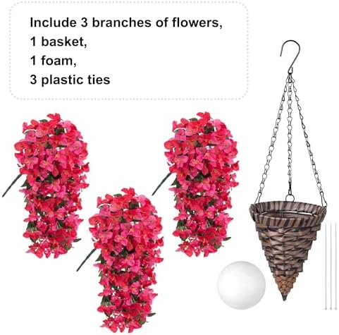 Ivydale Bougainvillea Artificial Hanging Fake Flowers with Basket for Outdoors Decoration, Faux Silk Flowers UV Resistant Fake Plants Long Vines Realistic for Outside Front Door Porch Patio, Red Pink - Image 5