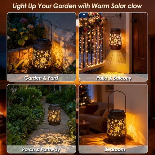Outdoor Solar Lanterns Waterproof, Metal Hanging Solar Lights Snow Garden Decor Birthday Gifts for Women Mom Grandma for Patio Backyard Yard Pathway Porch - Image 5