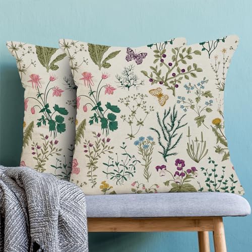 CXMEIFLY Spring Pillow Covers 20 x 20 Inch Set of 2 Vintage Sage Green Teal Wild Flowers Decor Throw Pillows Leaves Plant Outdoor Farmhouse Decorative Cushion Cases for Couch Bed Sofa Decoration - Image 2