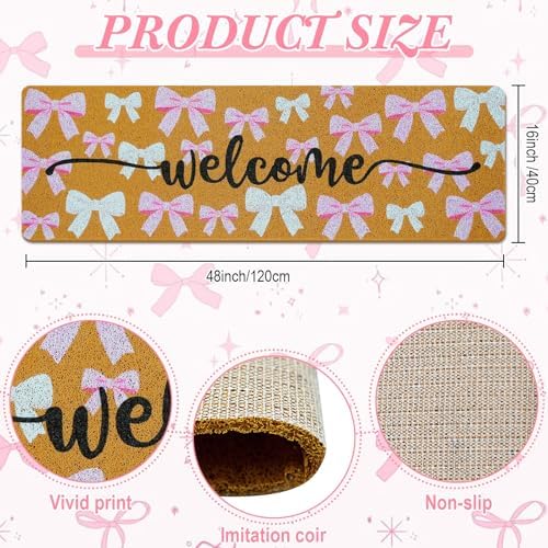 Long Doormat 48x 16 inch Front Door Mat Pink Bow Rug Doormat Cute Door Mat Welcome Mat for Front Door Porch Entrance Decor - Image 3