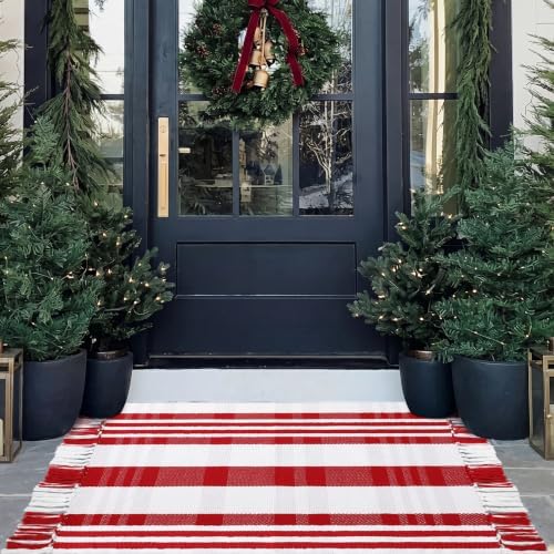 Breling Christmas Outdoor Rug 28" x 43" Red and White Striped Door Mat with Tassels Christmas Home Decor Soft Hand Woven Cotton Bathroom Rug Washable Layered Doormats for Front Porch Entryway Patio by Breling