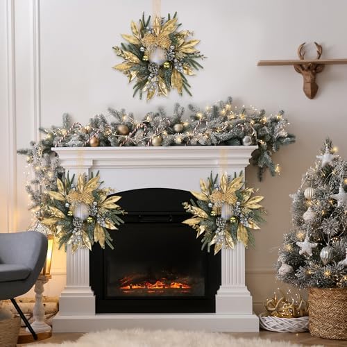 4 Pcs 9 Inch Christmas Wreaths for Kitchen Cabinet Artificial Pine Hanging Cedar Wreath with Christmas Balls Golden Twigs and Silver Berries for Front Door Xmas Winter Farmhouse Home Decorations - Image 4
