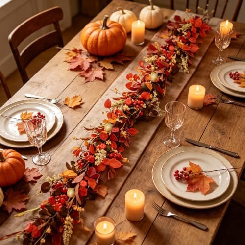 6 Ft Fall Floar Vine Garland Artificial Autumn Pumpkins Swags Wreath with Maple Eucalyptus Berries Wheat Thanksgiving Hanging Garlands for Harvest Farmhouse Rustic Door Mirror Mantel Wall Home Decor - Image 2