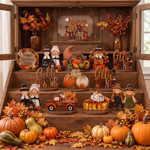 12 Pcs Fall Thanksgiving Table Decor Turkey Scarecrow Wooden Centerpiece - Image 6