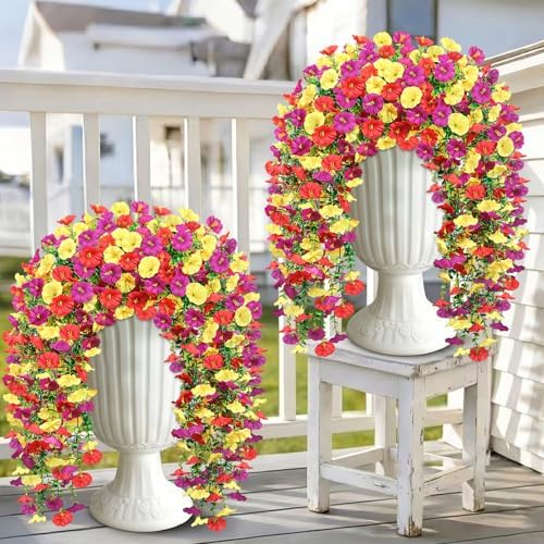 Artificial Hanging Flowers for Outdoors, 4 PCS 600 Blooms UV Resistant Morning Glory Faux Silk Vines, No-Odor Realistic Fake Plants for Garden Planter Porch Patio Decoration, Purple & Yellow & Red by JulakoOnline