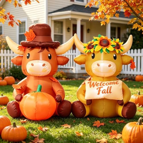 6 FT Fall Inflatable Highland Cow Couple with Pumpkin & Welcome Fall Sign by DomKom