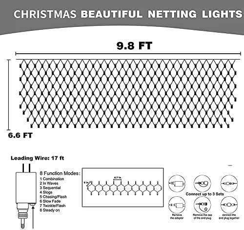 Dazzle Bright Christmas 200 LED Net Lights, 9.8 FT x 6.6 FT Connectable Mesh Lights Clear Wire with 8 Lighting Modes, Christmas Decorations for Indoor Outdoor Bush Yard Garden Decor (Multi-Colored) - Image 2